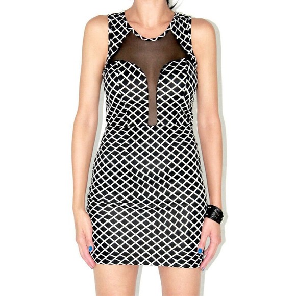 Women's Sheer Dress Size Medium and Large Black and White Mesh Mini Geometric - Picture 4 of 8